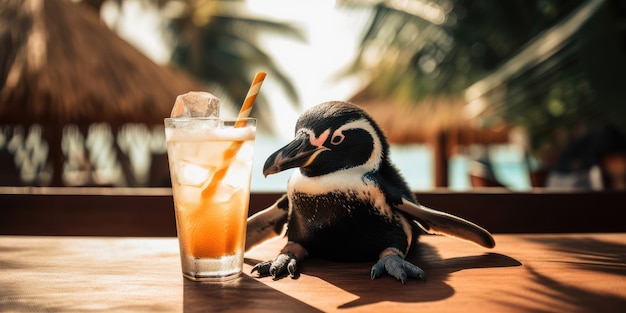 Penguin is op zomervakantie in de badplaats en ontspant op het zomerstrand