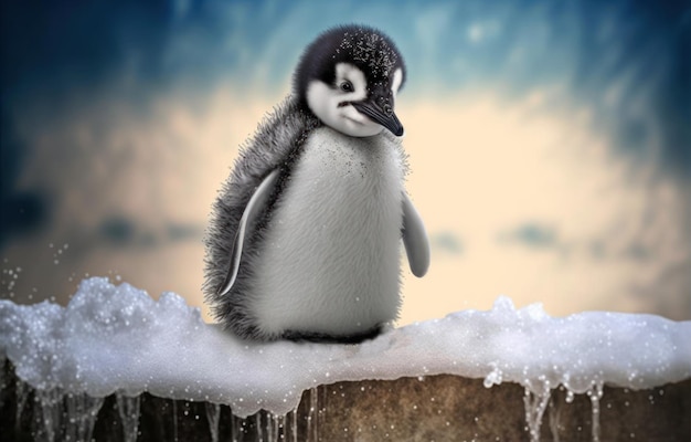 Пингвин сидит на выступе со снегом на нем.