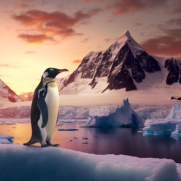 A penguin is standing on an iceberg with mountains in the background.