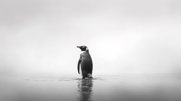 寒い景色の真ん中にペンギンが立っています