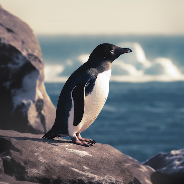 A penguin is standing on a rock by the water.