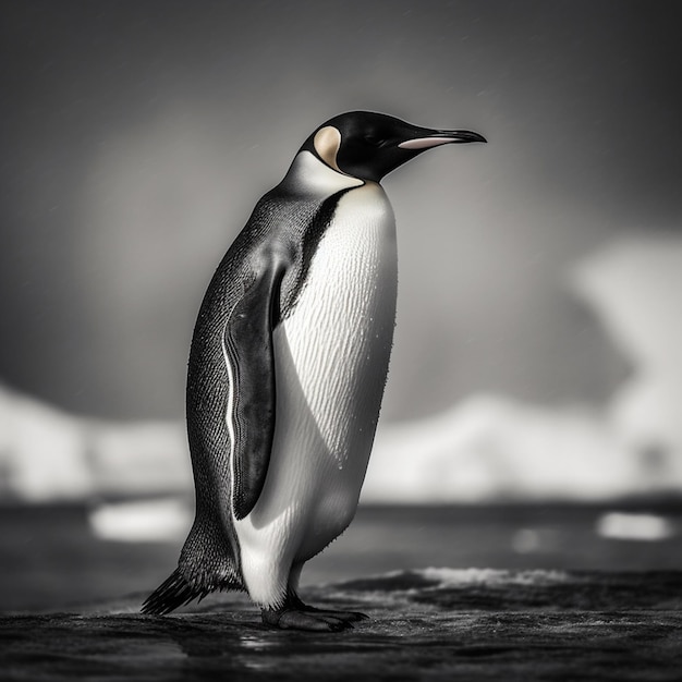 Пингвин стоит на скале и смотрит направо.