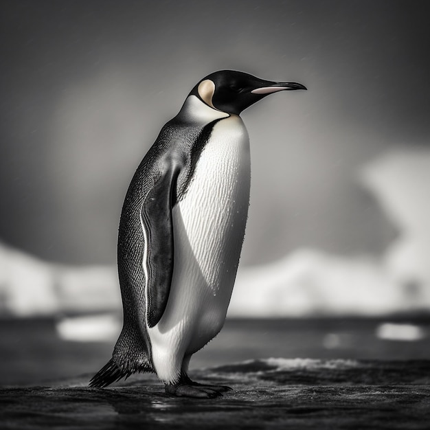 ペンギンが岩の上に立って右を向いています。