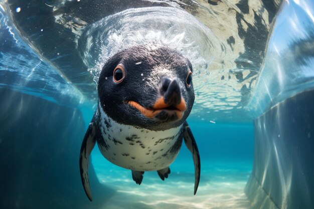 Foto un pinguino sta nuotando sotto un acquario a fondo di vetro