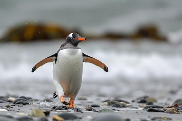 ペンギンが雨の中でビーチを歩いています