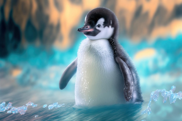 A penguin is walking in the water.