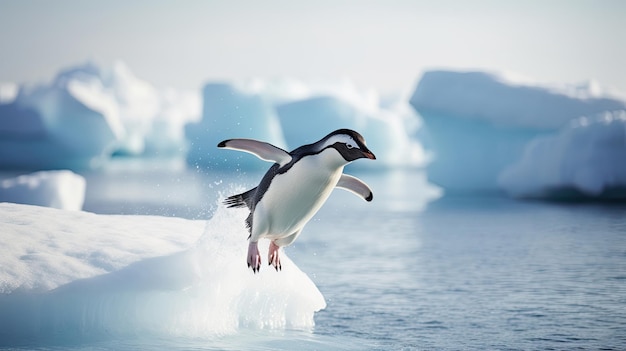 Penguin jumping off the water from ice berg