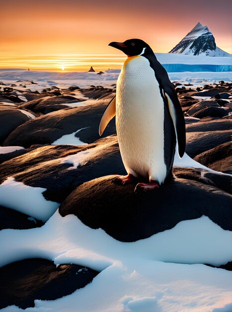 Foto penguin medium shot antarctica zonsondergang mango stijl