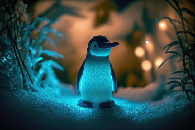 Penguin in neon light in the night winter forest Generative AI