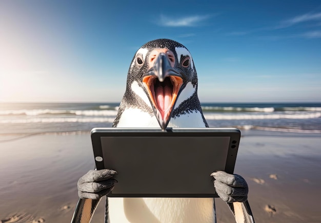 写真 大きなipadを掲げるビーチのペンギン