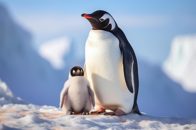 a penguin and a penguin are standing on a snowy surface