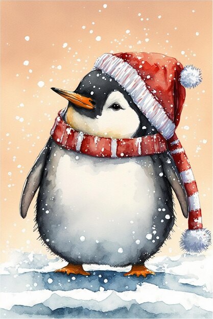 A penguin in a red and white hat and scarf