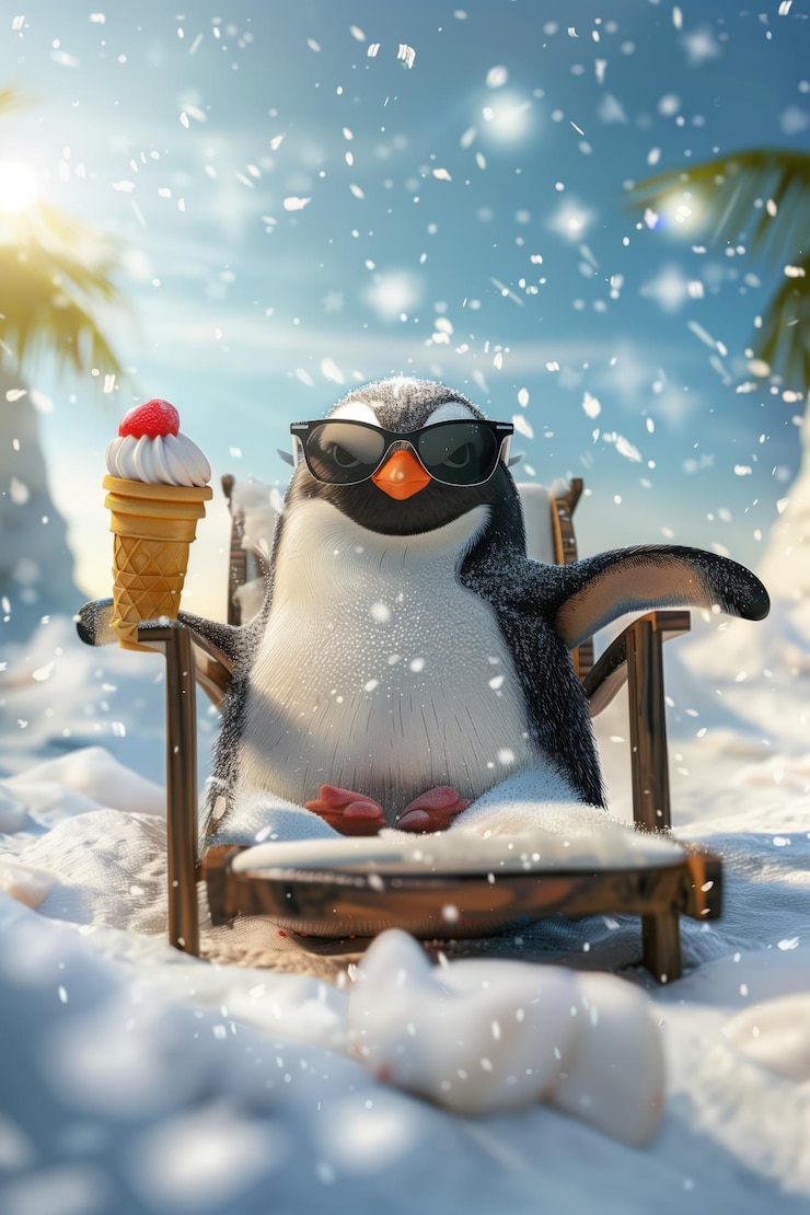 Photo penguin relaxes on snowy chair with ice cream cone and sunglasses palm tree stands tall against