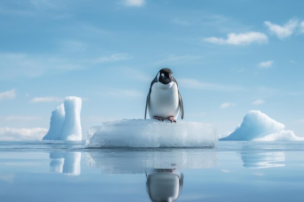 写真 氷の上に座っているペンギンと水の反射 氷の上に座っているペンギン ai generated