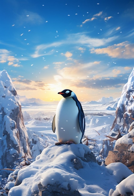 Penguin sitting on a rock in the snow with a sunset in the background generative ai