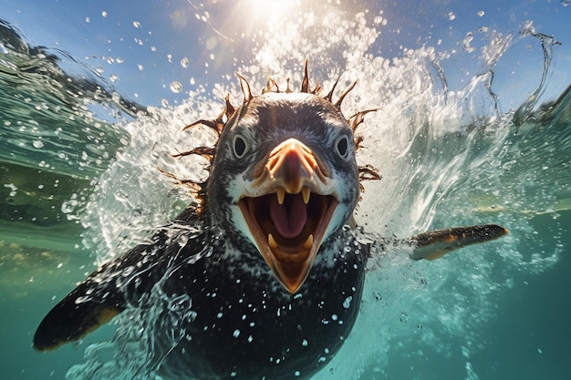 ペンギンの後ろにペンギンの群れがいてペンギンは腹の上に滑り込みます