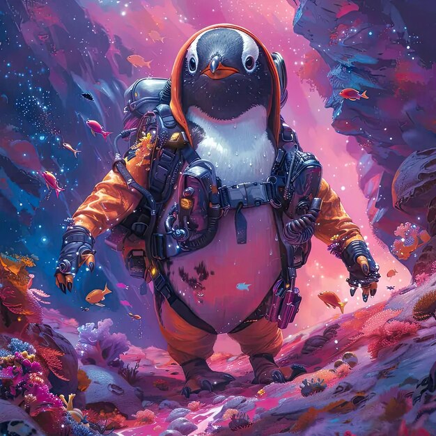 A penguin in a space suit standing in a cave