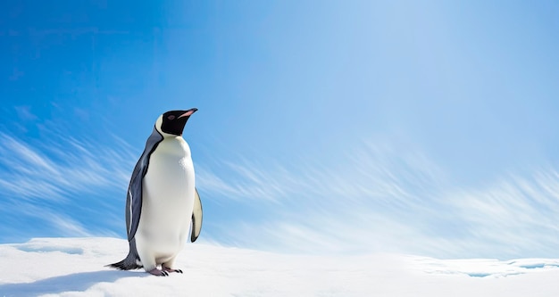 Penguin standing in antarctica looking into the blue sky