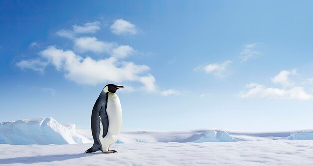 Penguin standing in antarctica looking into the blue sky
