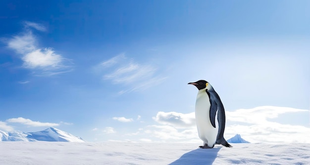 Penguin standing in Antarctica looking into the blue sky