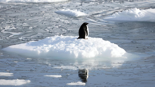 Foto un pinguino in piedi su un blocco di ghiaccio in mezzo all'oceano l'acqua è calma e il sole splende