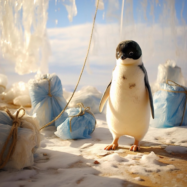 Foto un pinguino in piedi sulla sabbia con una corda legata ad esso