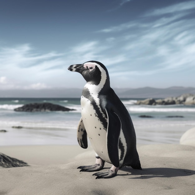 海を背景にビーチに立つペンギン。