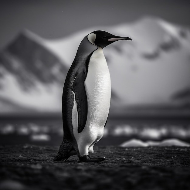 A penguin stands on the ground in front of a snowy mountain.