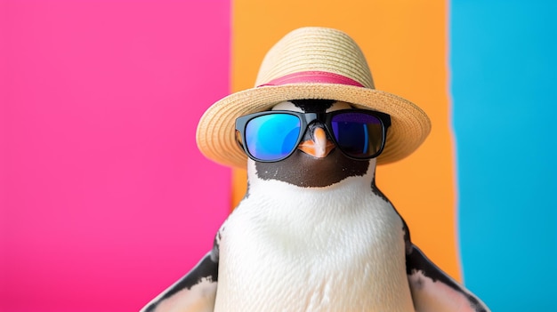 ペンギンのサングラスと夏の帽子をスタジオでカラフルで明るい背景で Generative Ai