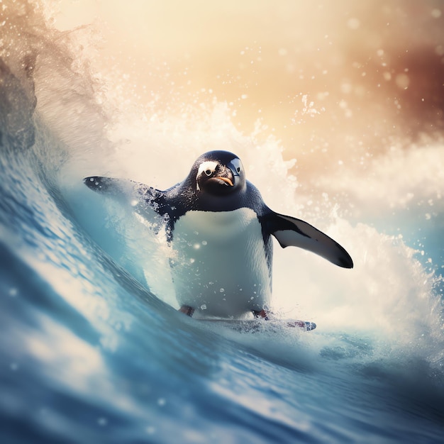 Photo a penguin on a surfboard in the water