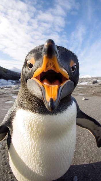Penguin touches camera taking selfie Funny selfie portrait of animal