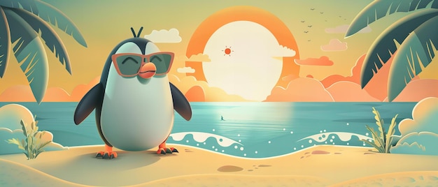 Penguin on tropical beach at sunset illustration Quirky vacation and summer concept