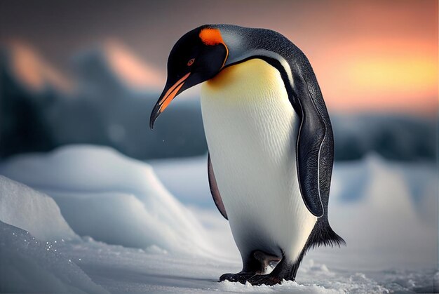 A penguin walking on ice with a sunset in the background.