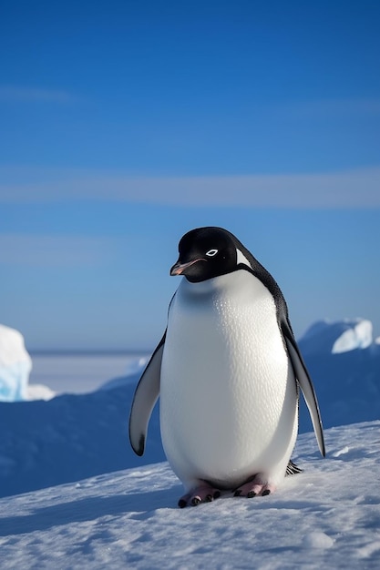 南極の氷山の上を歩くペンギン。