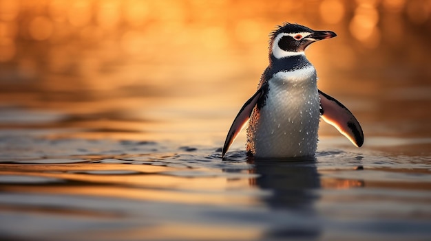 A penguin in the water with a red spot.