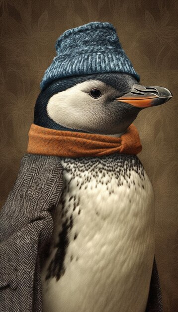 A penguin wearing a blue hat and a blue hat.