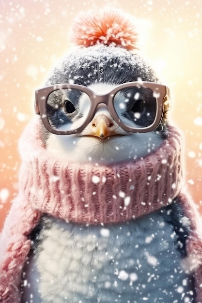 Photo penguin wearing glasses and knitted hat with snow falling on it generative ai