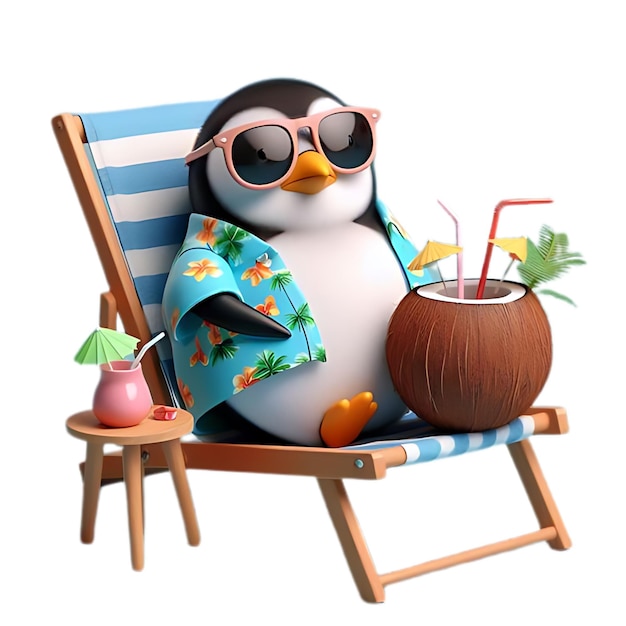 Photo a penguin wearing a hawaiian shirt and sunglasses lounging on a beach chair with a coconut drink