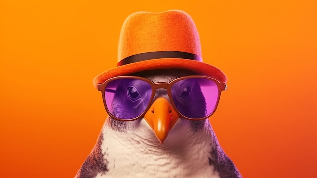 Photo penguin wearing orange sunglasses on colorful background