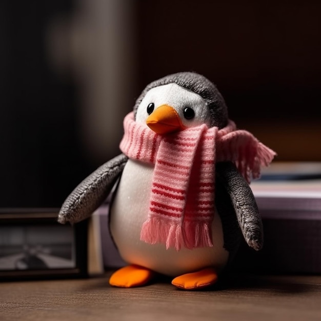 Photo a penguin wearing a pink scarf and a pink scarf sits next to a book.