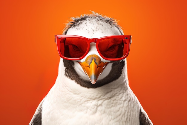 a penguin wearing red sunglasses with a yellow background