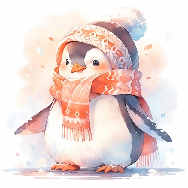 penguin wearing a scarf and hat with a scarf around its neck generative ai