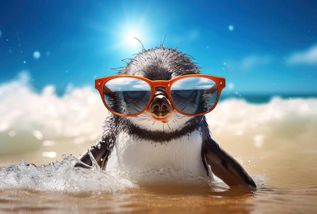 penguin wearing sunglasses on the beach with waves