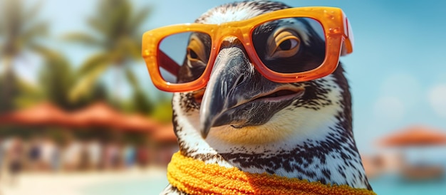 Photo penguin wearing sunglasses on a tropical beach generative ai
