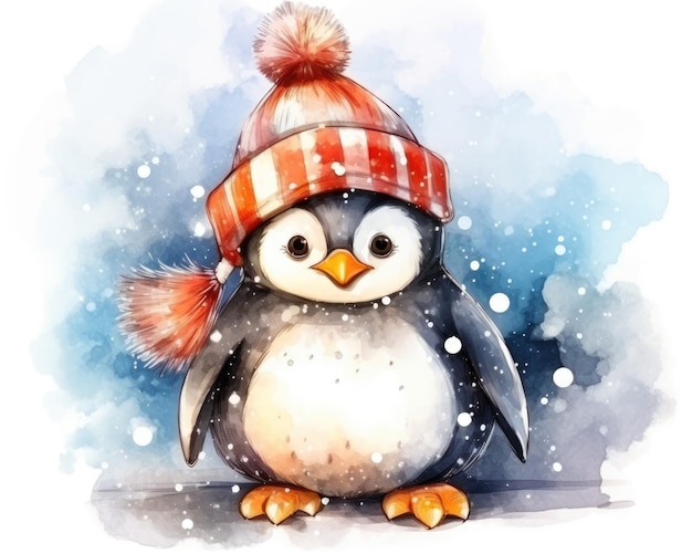 Penguin in winter hat Watercolor illustration