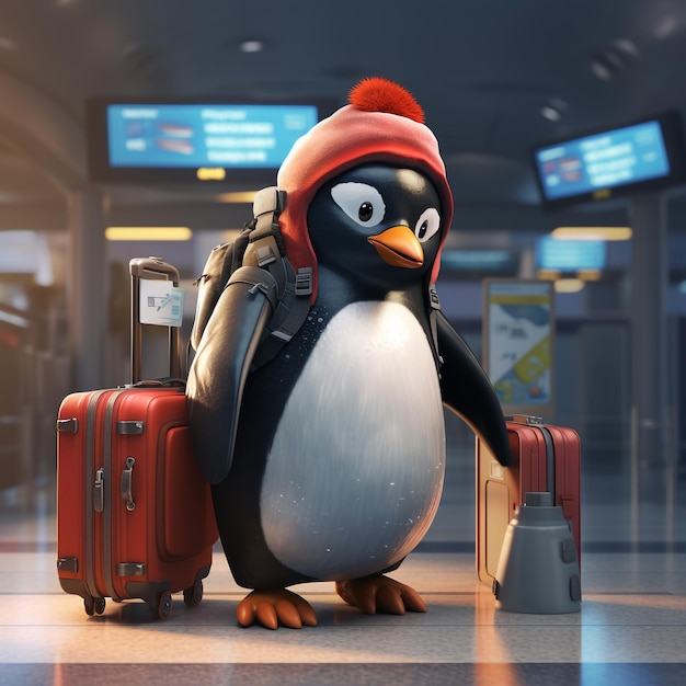 пингвин с рюкзаком и посадочным билетом