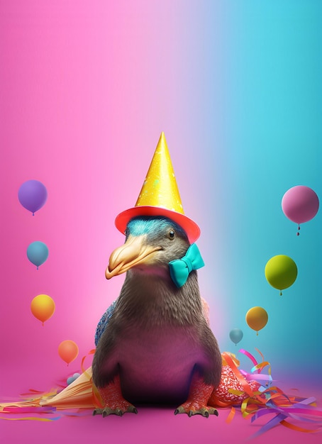 A penguin with a blue bow is sitting on a cake with balloons in the background.