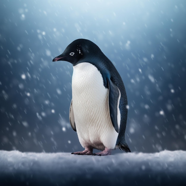 A penguin with a blue eye and a black and white face stands in the snow.
