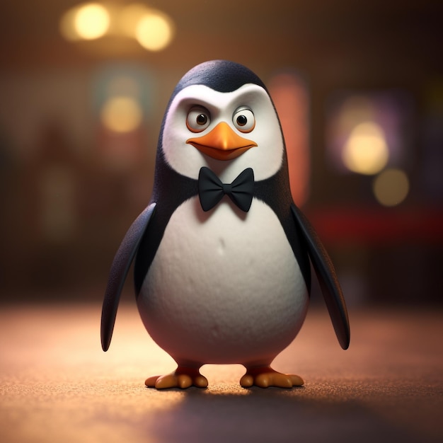 A penguin with a bow tie and a bow tie is standing in a dark room.