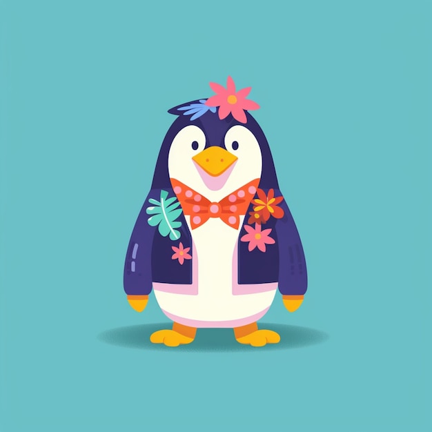 Photo penguin with a bow tie and a flower in its beak generative ai